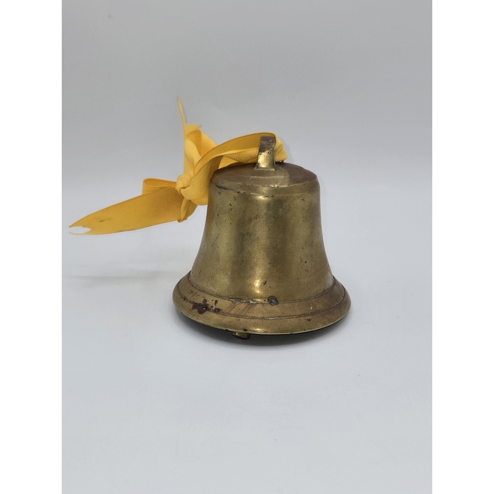 Vintage Solid Brass Hand Bell School Dinner Service Bell With Clapper & Ribbon